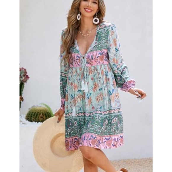 R. Vivimos Dresses & Skirts - Floral Green & Pink Dress Boho Flowy Beach Tassel Lightweight Women's Small 4/6